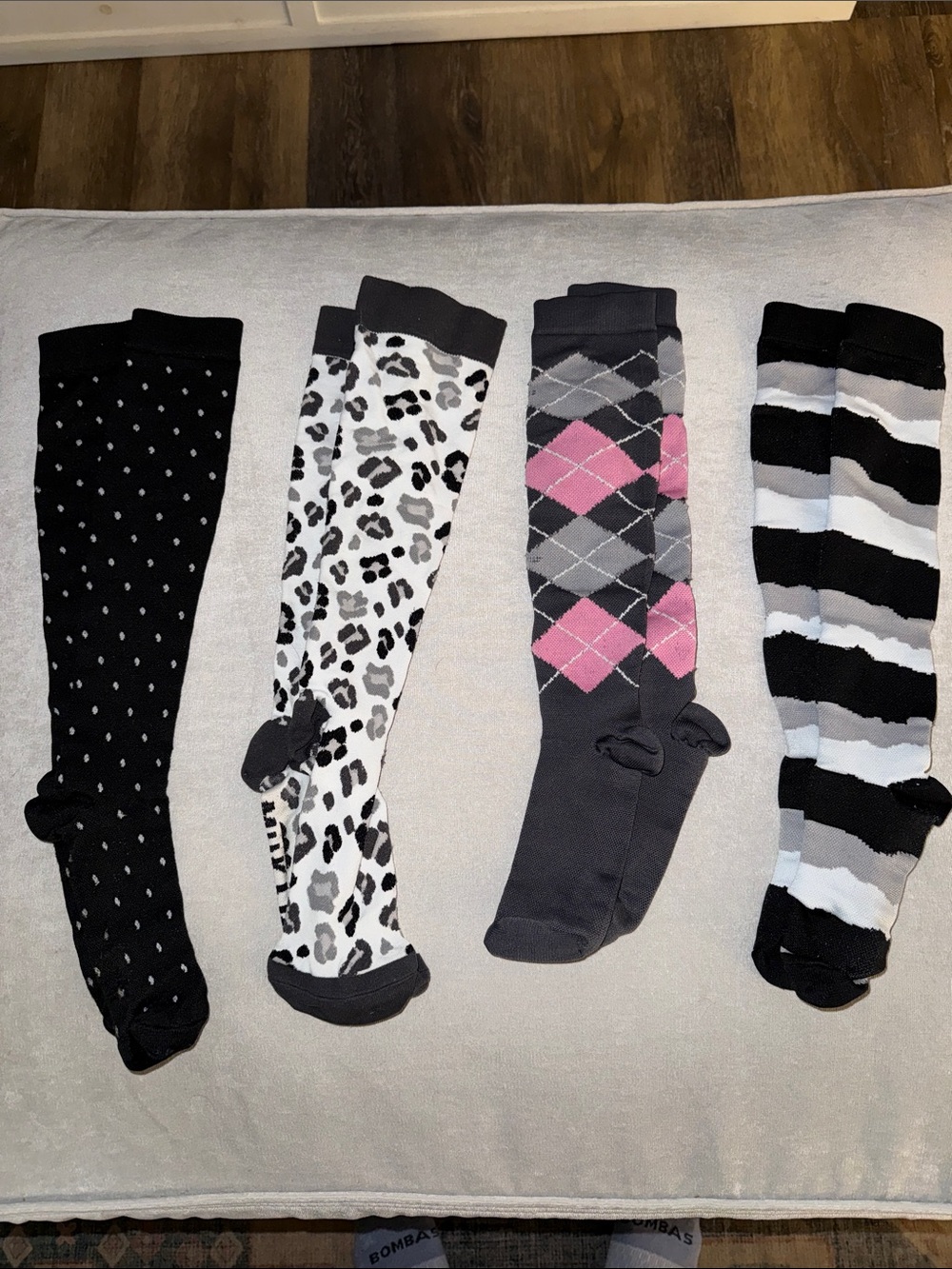 Women's Patterned Knee-High Socks - Black, White & Pink Assortment, set of 4